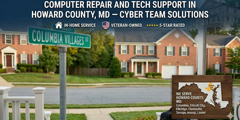 Website banner for Cyber Team Solutions featuring computer repair and tech support services in Howard County, MD. The image shows a quiet suburban neighborhood street with brick homes, a 'Columbia Villages St' sign, and a wooden sign showing a map of Maryland highlighting service areas like Columbia, Ellicott City, Elkridge, Clarksville, Savage, Jessup, and Laurel.